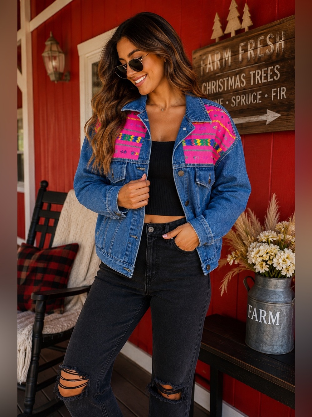 Claus Sport Vintage Southwestern Denim Jacket – Pink Woven Aztec Panels